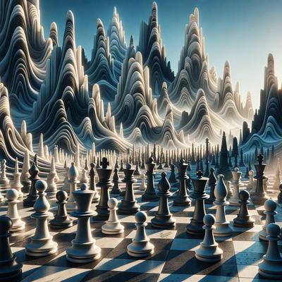 The primary subject of the image is a chessboard with multiple chess pieces, including kings and pawns, arranged on it. The setting is a futuristic, digital art-style environment, with a backdrop of a mountainous landscape. The visual style is a combination of photo and digital art, creating a unique and intriguing atmosphere. The dominant colors are black and white, with the chess pieces being in various shades of black and the mountainous landscape being in shades of gray and white. The overall mood of the image is one of intrigue and mystery, as the viewer is drawn into the futuristic world created by the digital art.